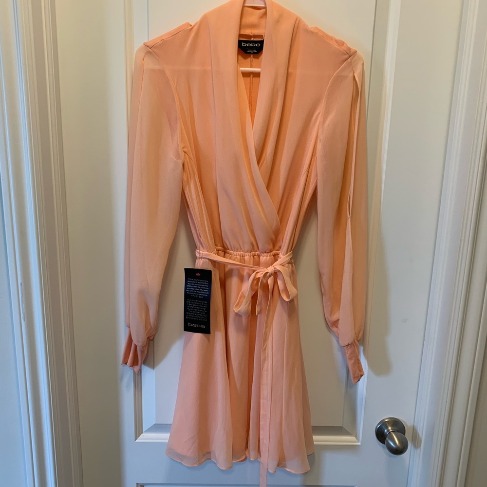 Peach/coral sheer sleeve fit and flare dress